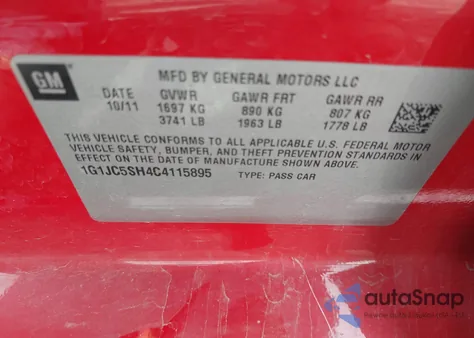 2012 Chevrolet Sonic 2Lt из США, поврежденный, VIN 1G1JC5SH4C4115895